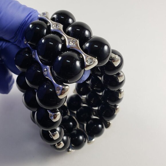 Silver Multi-Row Black Beaded Bracelet – Sparkling Crystal Statement Jewelry - Picture 7 of 7